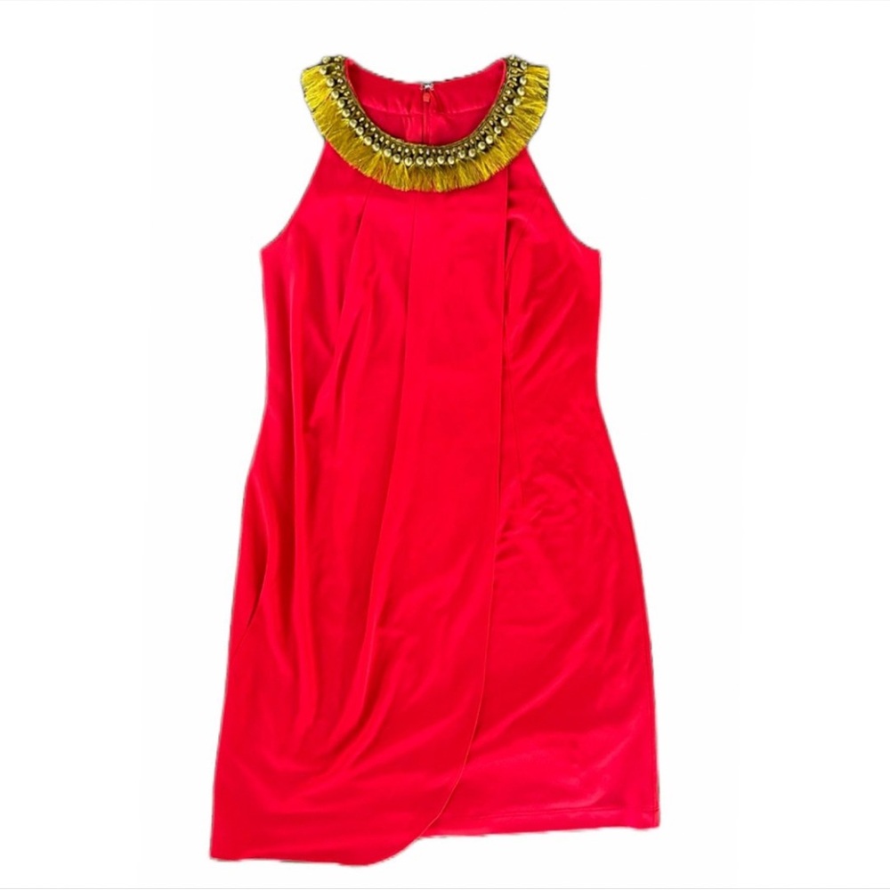 Kay Unger Red Gold Beaded Collar Tank Sheath Faux Wrap Dress Women’s Size 8